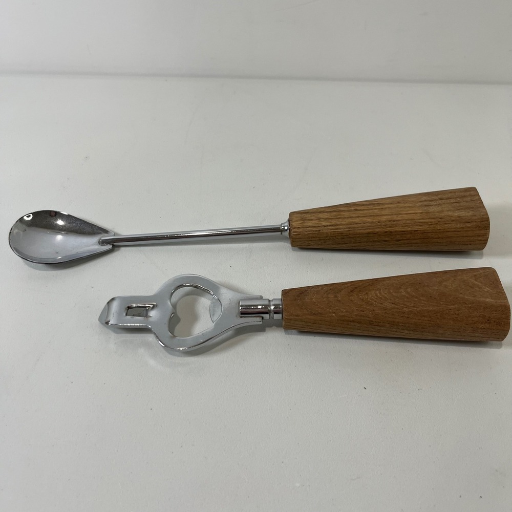 Vintage Japan Barware Set Wood Handle Bottle Opener Stirring Spoon MCM Cocktail‎